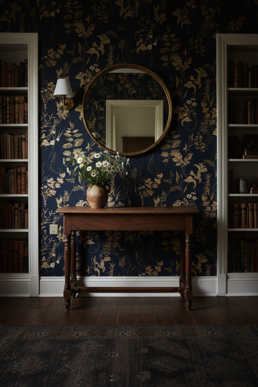 Dark moody blue and gold floral peel and stick wallpaper In entryway 