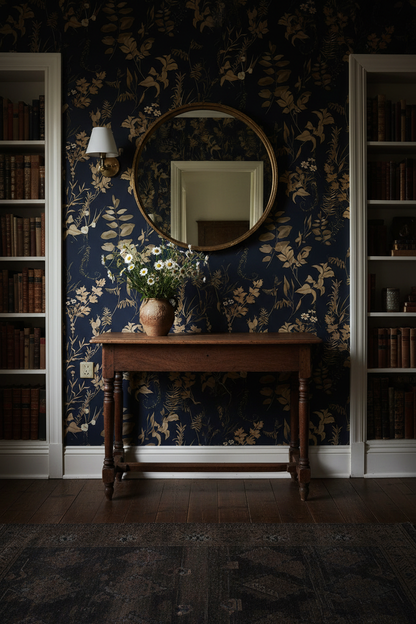 Dark moody blue and gold floral peel and stick wallpaper In entryway 