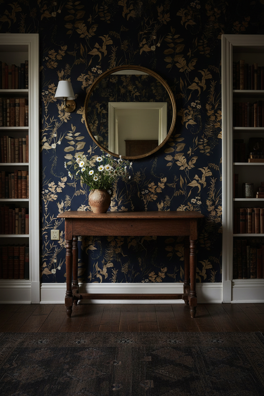 Dark moody blue and gold floral peel and stick wallpaper In entryway 