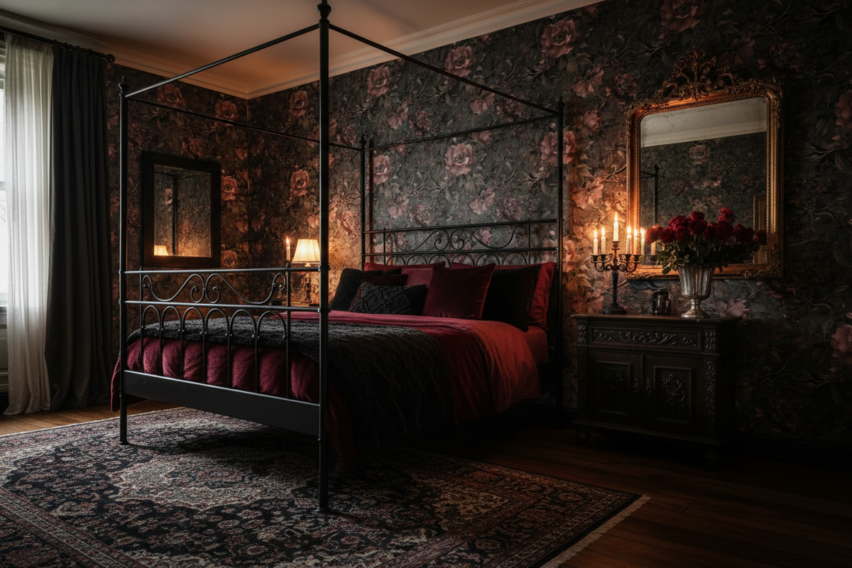 Dark moody floral wallpaper with deep burgundy flowers, black foliage and trailing vines on a charcoal background in gothic bedroom