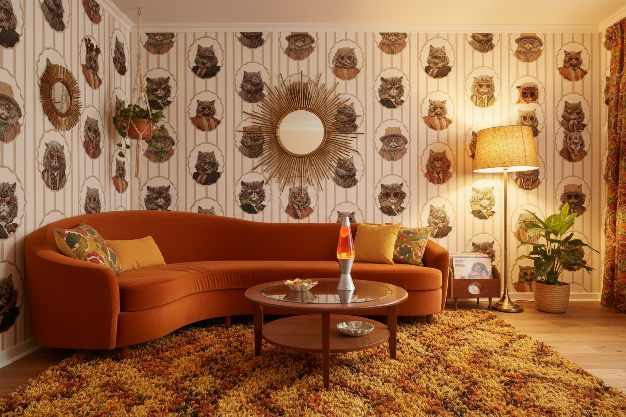 Retro Cat Portrait Living Room Mockup