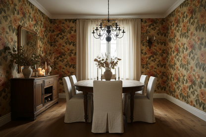 Rose Forest Limewash wallpaper with soft watercolor roses and forest botanicals on a chalky limewash background in dining room