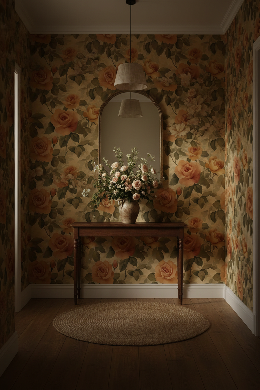 Rose Forest Limewash wallpaper with soft watercolor roses and forest botanicals on a chalky limewash background in entryway