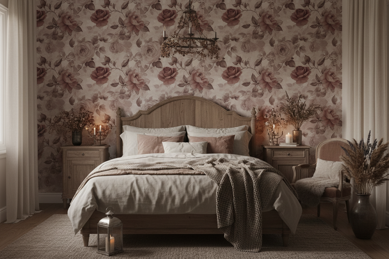 Floral Limewash wallpaper in dusty mauve and antique pink rose in bedroom