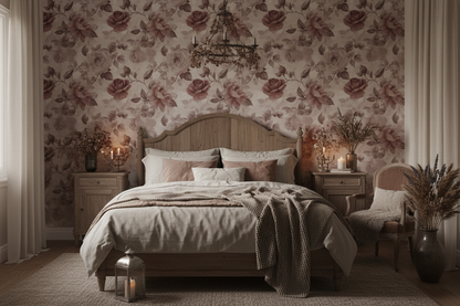 Floral Limewash wallpaper in dusty mauve and antique pink rose in bedroom