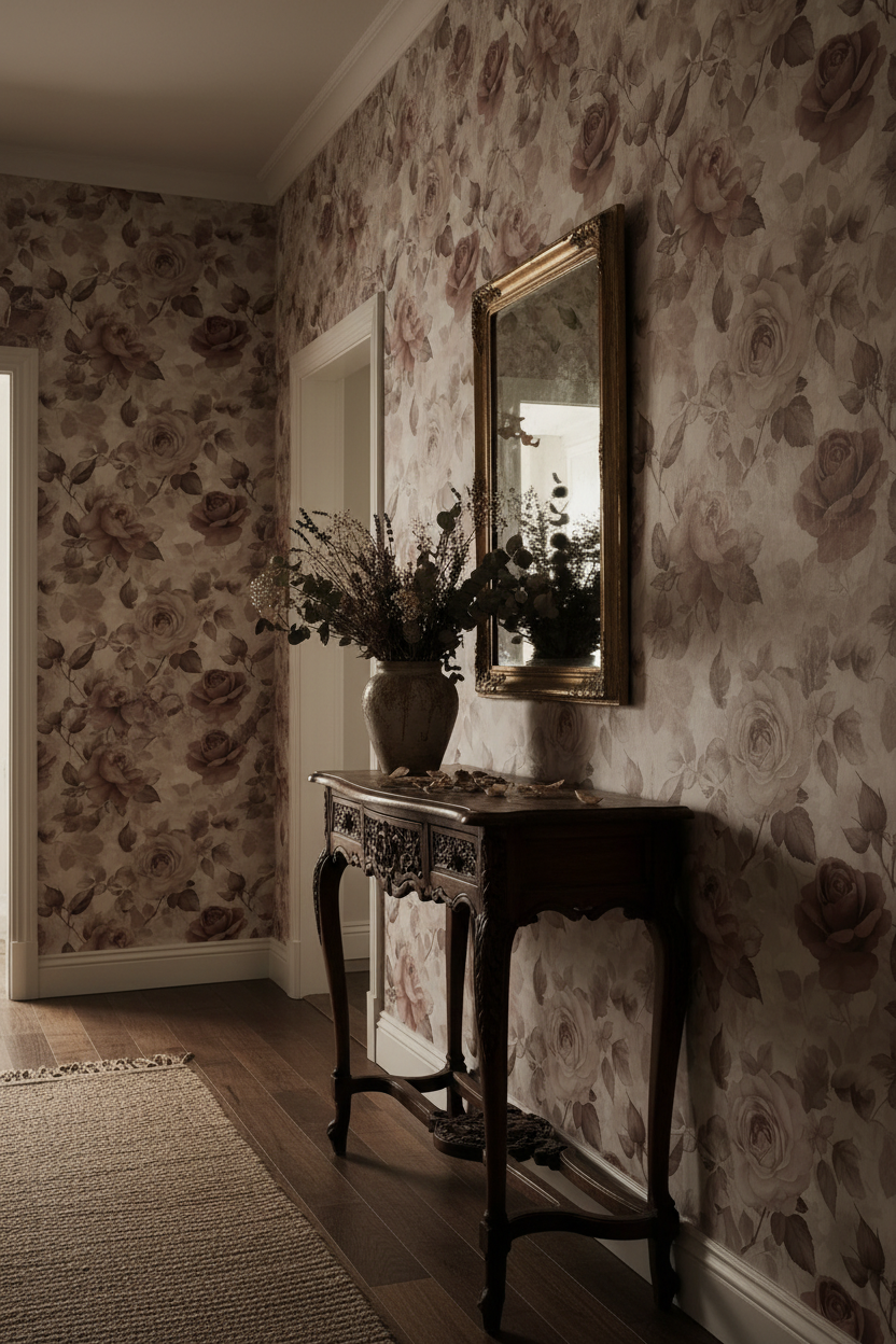 Floral Limewash wallpaper in dusty mauve and antique pink rose in hallway