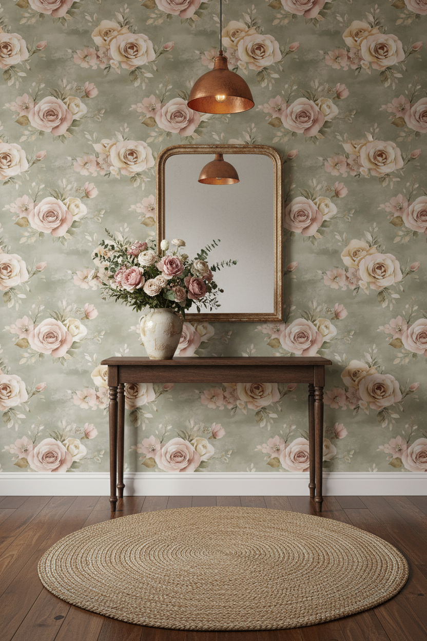 Sage and rose limewash watercolor floral wallpaper in entryway