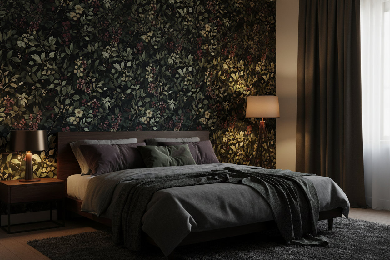 Gothic dark floral and berry peel and stick wallpaper with deep botanical motifs on a moody background in bedroom