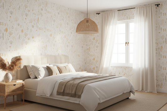 Soft Beige Boho Botanical Bedroom Mockup