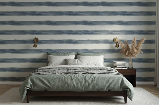 Watercolor striped wallpaper featuring wide hand-painted blue and white horizontal stripes, creating a relaxed coastal farmhouse look for bedrooms, beach houses, nurseries, and cottage-inspired interiors, in bedroom