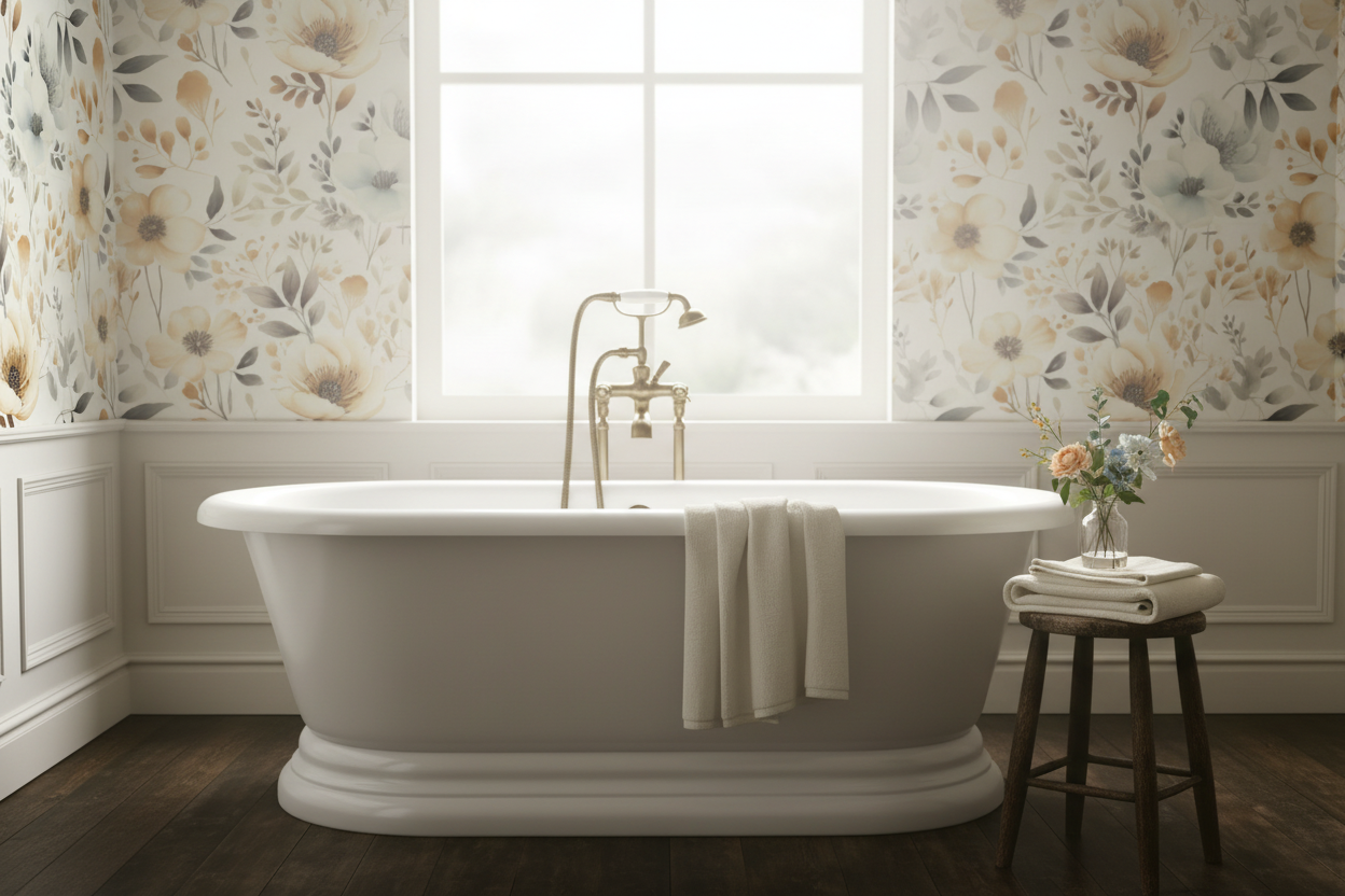 Soft beige and sage floral wallpaper with watercolor wildflowers and botanical foliage on a warm cream background in bathroom