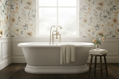 Soft beige and sage floral wallpaper with watercolor wildflowers and botanical foliage on a warm cream background in bathroom