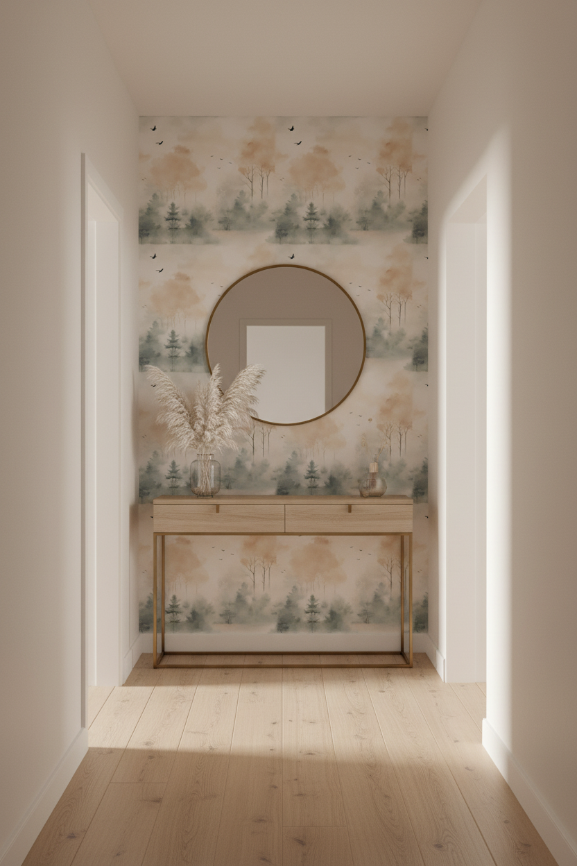Soft watercolor forest wallpaper with misty evergreen trees, warm beige foliage and flying birds in a peaceful neutral woodland landscape in hallway
