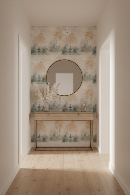Soft watercolor forest wallpaper with misty evergreen trees, warm beige foliage and flying birds in a peaceful neutral woodland landscape in hallway