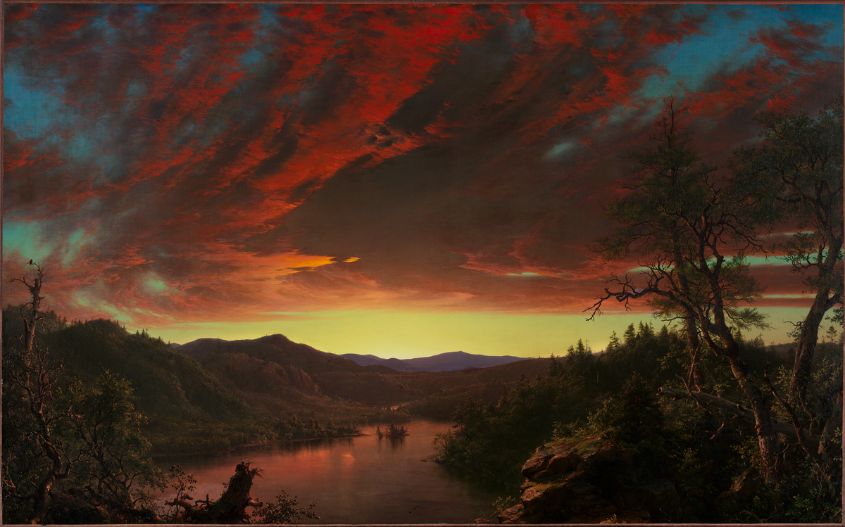 Dramatic vintage sunset landscape mural featuring crimson clouds, turquoise skies, a glowing river and dark woodland.