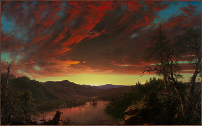 Dramatic vintage sunset landscape mural featuring crimson clouds, turquoise skies, a glowing river and dark woodland.