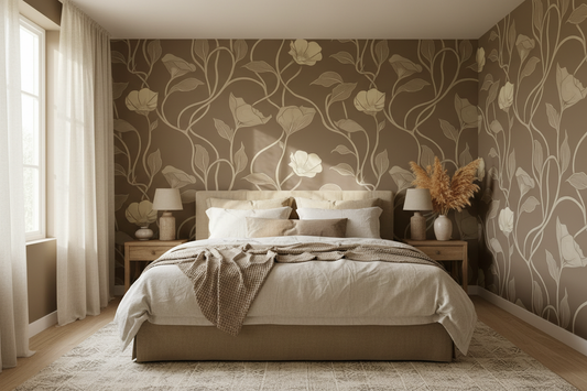 Taupe Floral Vines Wallpaper Bedroom Mockup