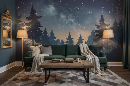 dark moody forest scene wallpaper mural with silhouetted trees and misty mountain atmosphere