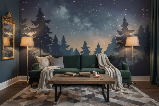 dark moody forest scene wallpaper mural with silhouetted trees and misty mountain atmosphere