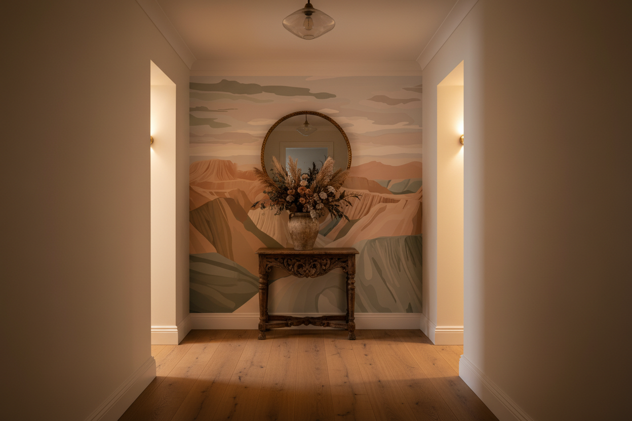 Wall Mural of illustrated landscape with layered terracotta rock formations, sage green valleys, and a pale hazy sky in a soft painterly style, in hallway