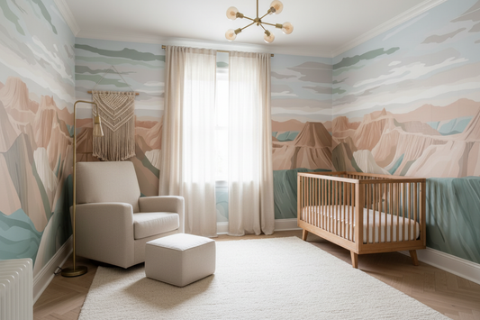 Wall Mural of illustrated landscape with layered terracotta rock formations, sage green valleys, and a pale hazy sky in a soft painterly style in nursery
