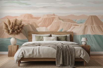 Wall Mural of illustrated landscape with layered terracotta rock formations, sage green valleys, and a pale hazy sky in a soft painterly style. in bedroom