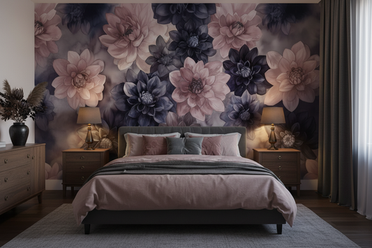 Dark floral wall mural featuring oversized watercolor blooms in charcoal, blush pink, mauve, and deep plum tones, creating a dramatic romantic focal wall for bedrooms, master suites, and moody cottage-inspired interiors, in bedroom