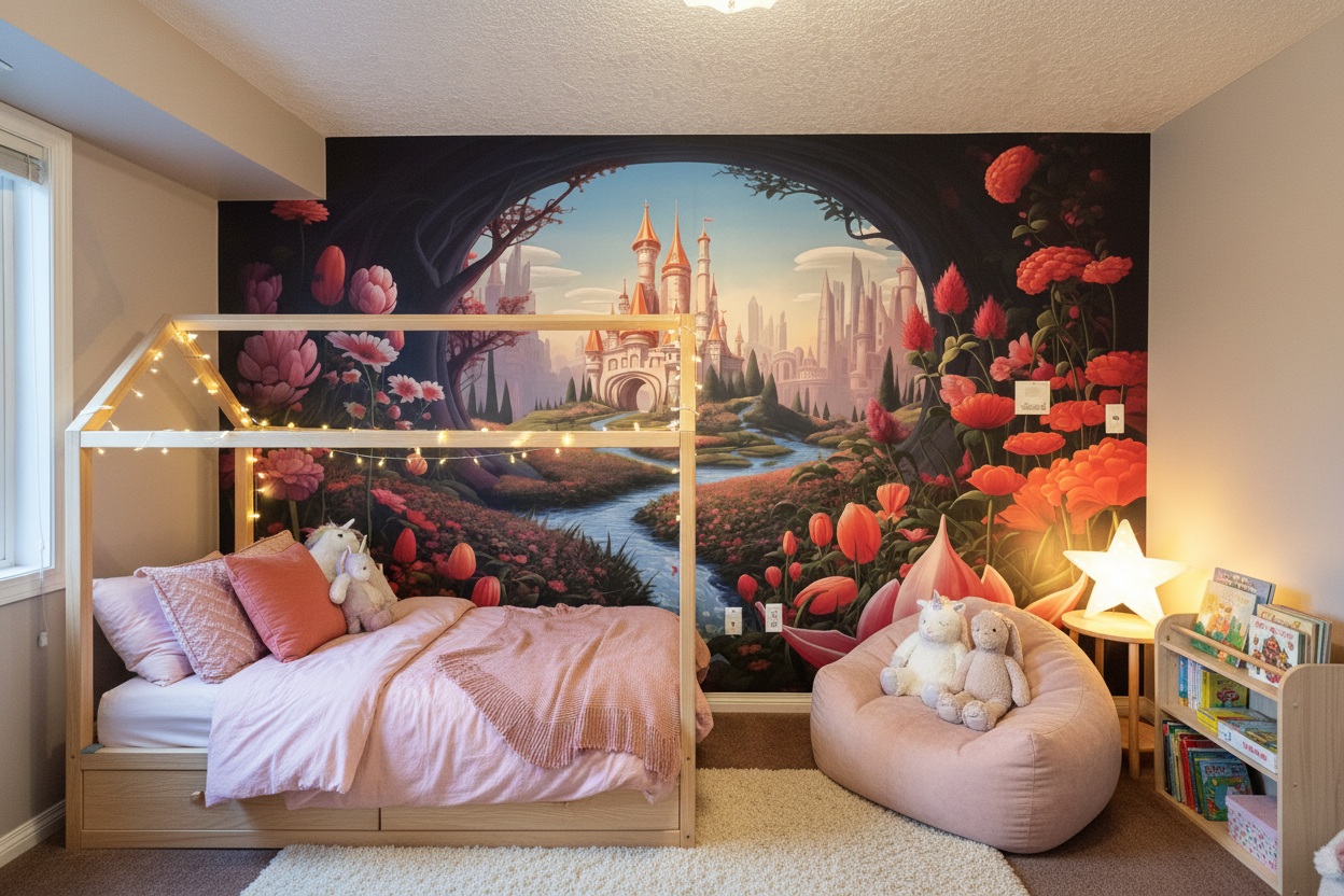 Fantasy castle wall mural featuring a whimsical fairytale kingdom, winding river, blooming flowers, enchanted forest archway, and storybook landscape in vibrant pink and blue tones.