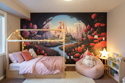 Fantasy castle wall mural featuring a whimsical fairytale kingdom, winding river, blooming flowers, enchanted forest archway, and storybook landscape in vibrant pink and blue tones.