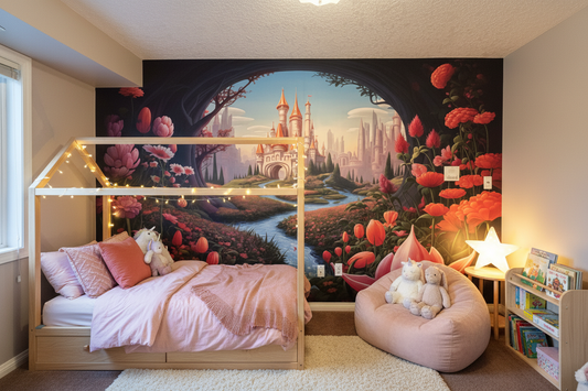 Fantasy castle wall mural featuring a whimsical fairytale kingdom, winding river, blooming flowers, enchanted forest archway, and storybook landscape in vibrant pink and blue tones.