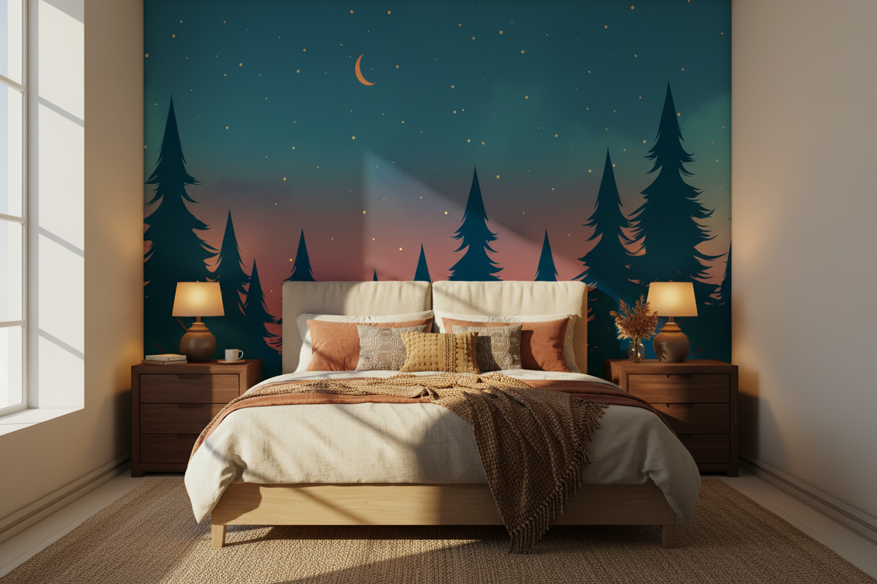 a dreamy northern forest wallpaper mural with pink and teal sunset sky tones through the trees in bedroom