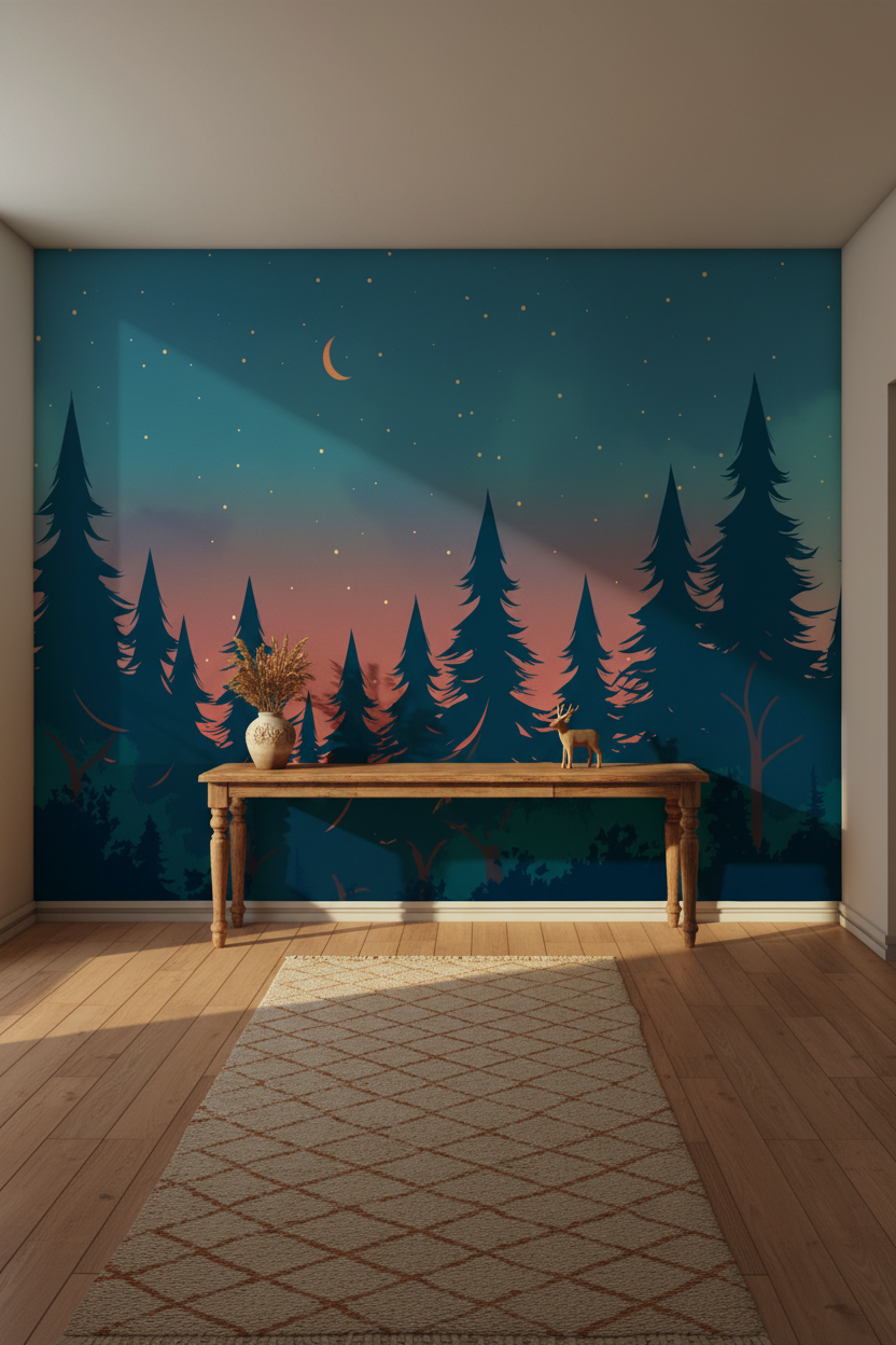 a dreamy northern forest wallpaper mural with pink and teal sunset sky tones through the trees in entryway