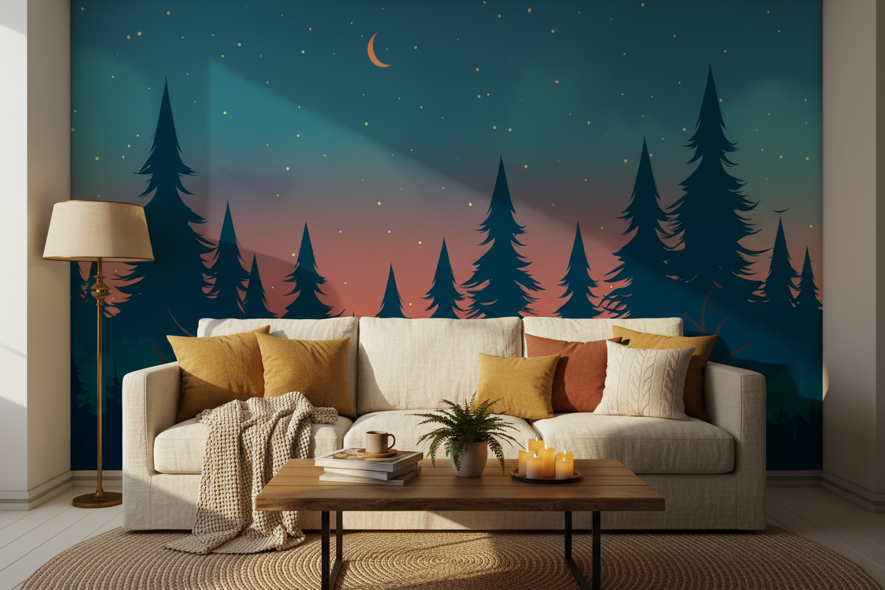 a dreamy northern forest wallpaper mural with pink and teal sunset sky tones through the trees, in living room