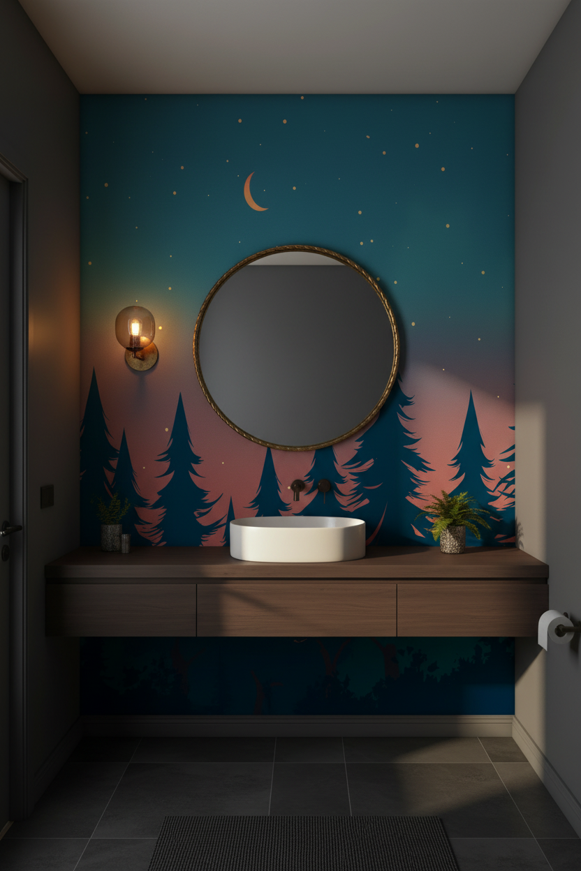 a dreamy northern forest wallpaper mural with pink and teal sunset sky tones through the trees in powder room