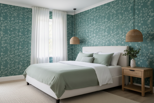 Two Toned Vines Botanical Wallpaper Bedroom Mockup