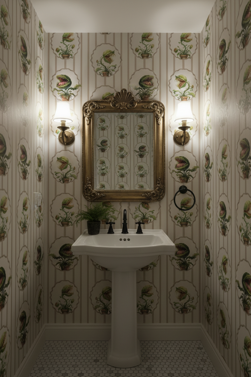 Venus Flytrap Frames Vintage Botanical Wallpaper – Powder Room Mockup