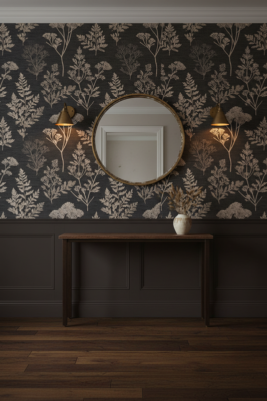 Dark botanical wallpaper featuring vintage herbarium silhouettes, delicate wildflowers, and fern fronds in warm beige on a charcoal black background, creating a moody cottagecore and dark academia aesthetic, in entryway