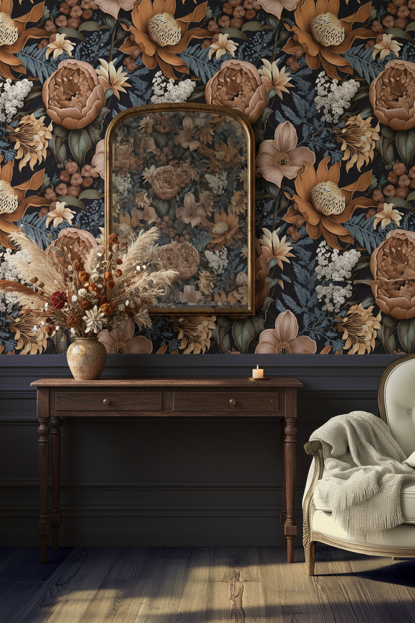 Moody botanical wallpaper with oversized protea, peonies, lilies, and blue foliage on a deep charcoal background in entryway