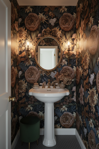 Moody botanical wallpaper with oversized protea, peonies, lilies, and blue foliage on a deep charcoal background in powder room