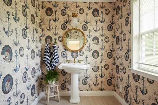 Vintage Nautical Wallpaper Bathroom Mockup