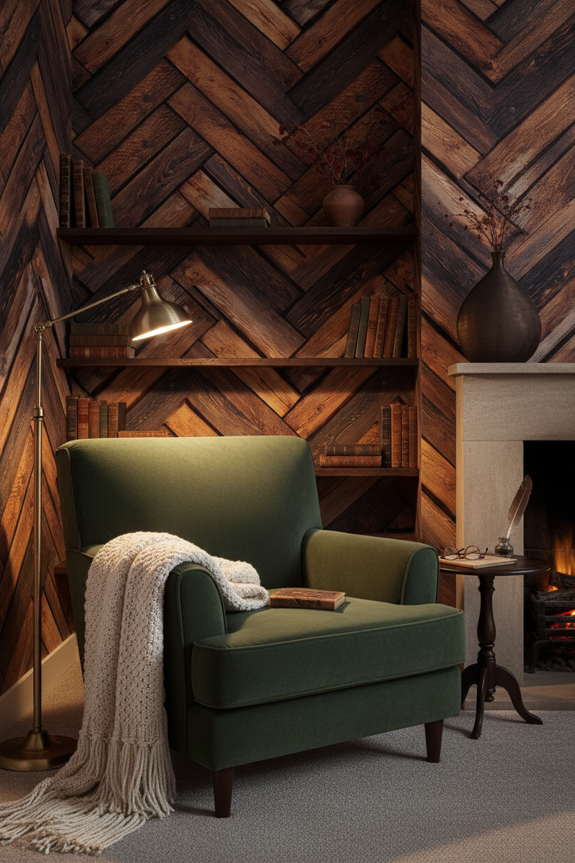 Rustic herringbone wood wallpaper featuring alternating dark walnut and warm natural wood planks with realistic grain patterns, weathered texture, and reclaimed farmhouse character in reading nook