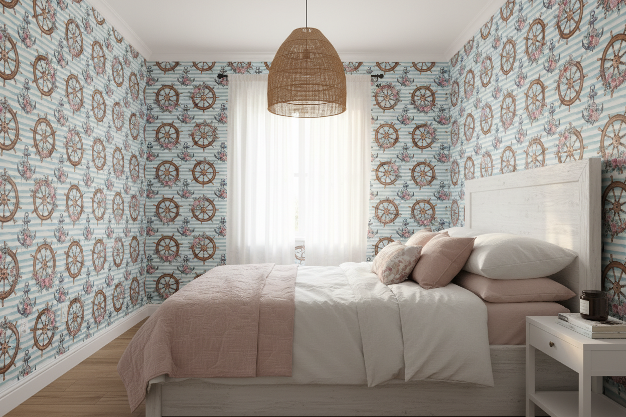 Nautical coastal wallpaper featuring watercolor ship wheels and anchors adorned with pink floral bouquets on soft blue and white striped background in kids room