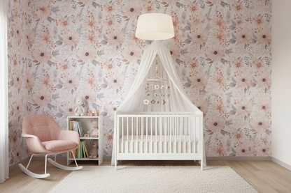 Soft watercolor wallpaper with delicate floral blooms and botanical motifs in blush pink and muted grey tones on a warm white background in nursery