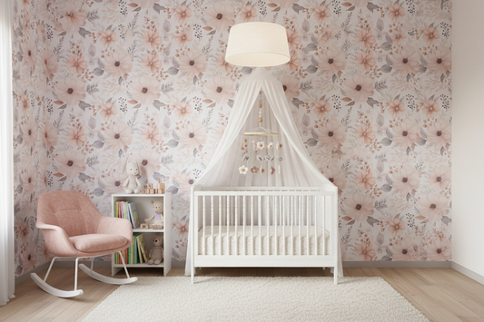Soft watercolor wallpaper with delicate floral blooms and botanical motifs in blush pink and muted grey tones on a warm white background in nursery
