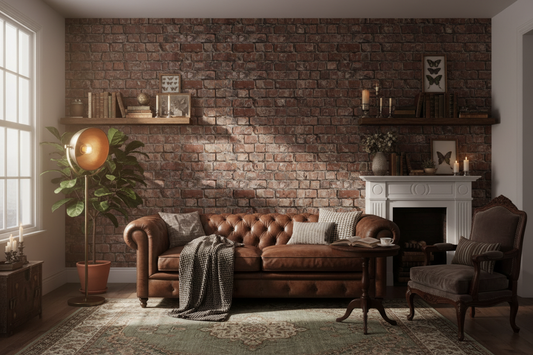 Weathered rustic brick wallpaper featuring aged red and brown bricks with distressed textures, cracked surfaces, and natural lichen details for an authentic reclaimed brick wall look in living rom