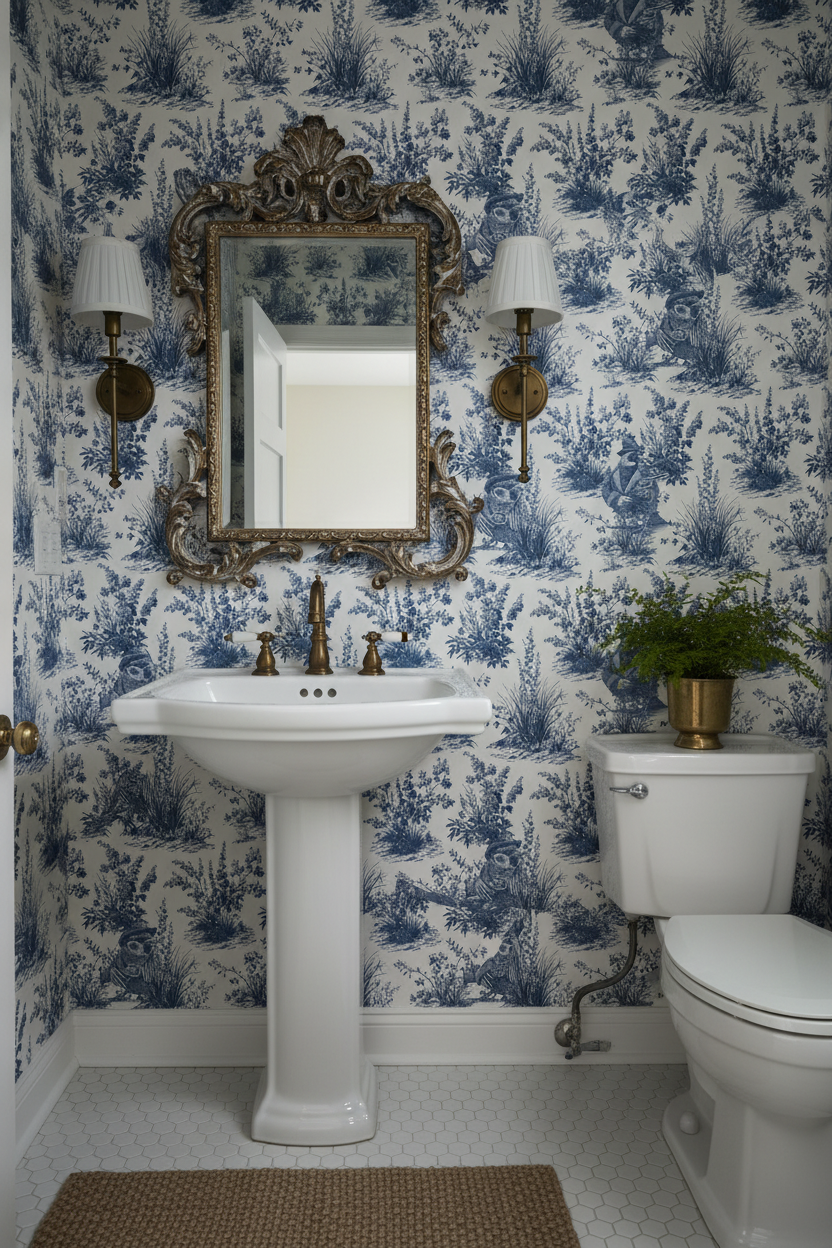 Blue and white toile peel and stick wallpaper roll featuring vintage western wildlife birds and botanical illustrations, classic toile de jouy repeat pattern in blue ink on white background, in powder room, removable wallpaper Canada
