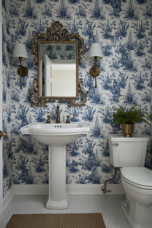 Blue and white toile peel and stick wallpaper roll featuring vintage western wildlife birds and botanical illustrations, classic toile de jouy repeat pattern in blue ink on white background, in powder room, removable wallpaper Canada