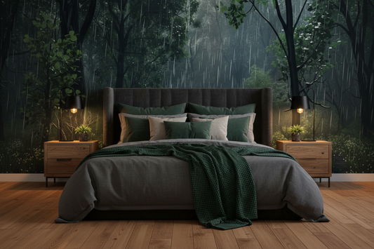 When The Rain Came wallpaper mural installed in a bedroom, featuring a dark atmospheric forest scene with rain cascading through tall trees, misty light, and lush green undergrowth