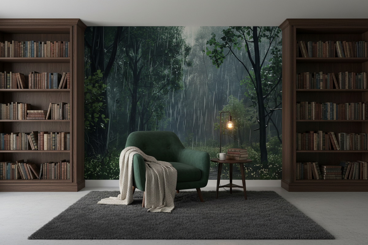 When The Rain Came wallpaper mural installed in a reading room, featuring a dark atmospheric forest scene with rain cascading through tall trees, misty light, and lush green undergrowth