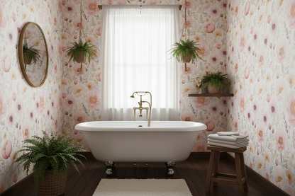 Blush pink watercolor floral wallpaper with soft botanical stems on a warm cream background in bathroom